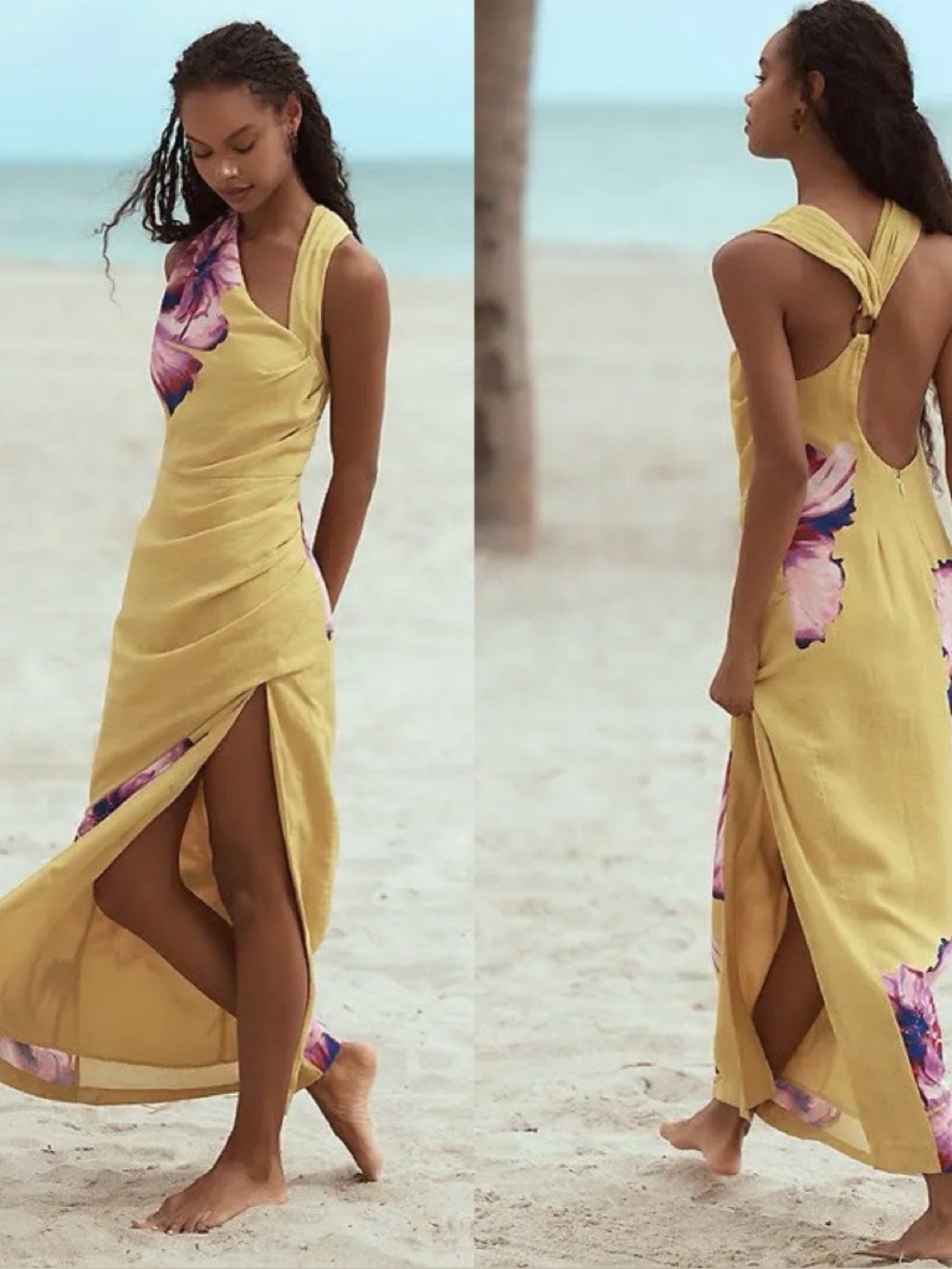 Anthropologie Sunshine Yellow Linen Dress with Pink-Purple Floral